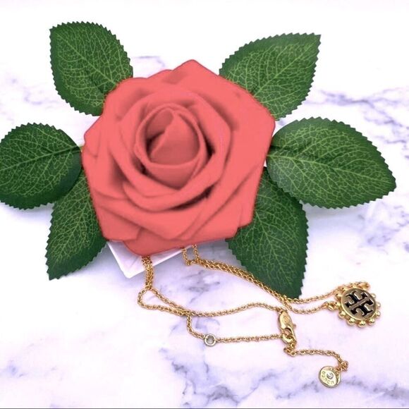 New Tory Burch Black Logo, Gold Adjustable Necklace - Picture 5 of 7